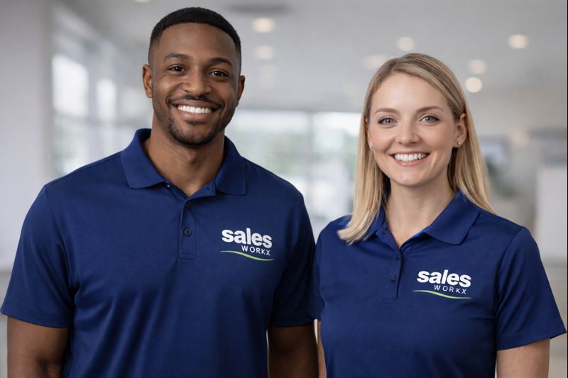 Salesworkx professionals in branded blue polo shirts, smiling in a modern office environment