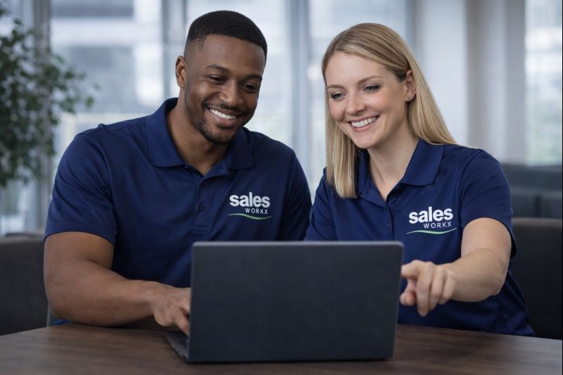 Sales team collaborating with SalesWorkx sales performance software to improve results, training, and team execution