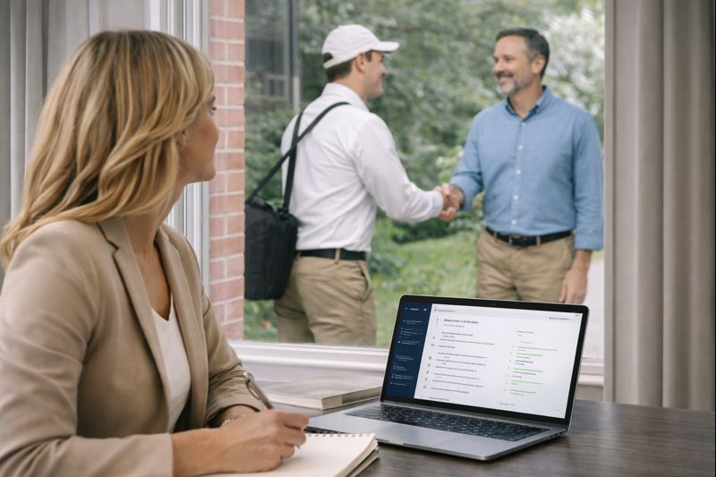 Insight partner conducting a secret shopper evaluation using business performance software as a sales representative meets with a business owner, supporting training, accountability, and growth