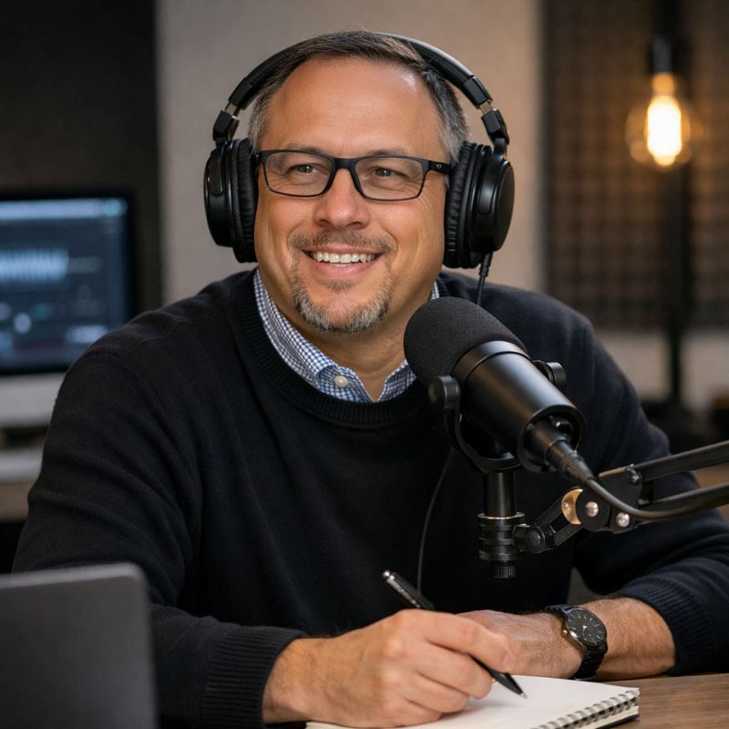 Professional podcast host wearing headphones and speaking into a microphone while taking notes during a business discussion