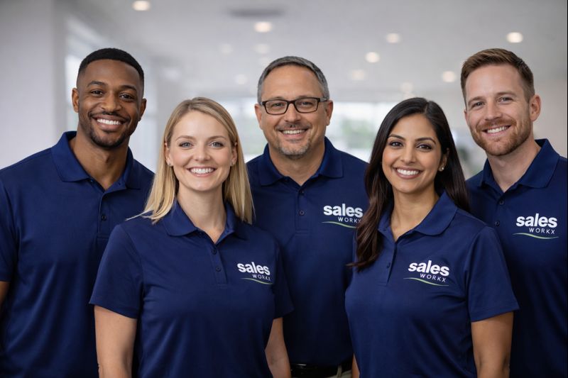 Salesworkx team members wearing branded blue polo shirts smiling in a professional office environment