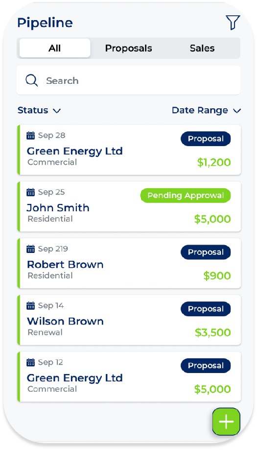 SalesWorkx mobile sales pipeline dashboard showing proposals, approvals, and revenue amounts for managing sales opportunities