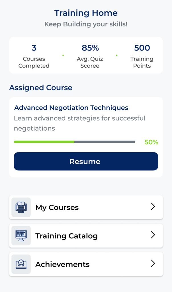 SalesWorkx mobile sales training dashboard displaying learning progress, performance metrics, and assigned coaching content for ongoing skill development