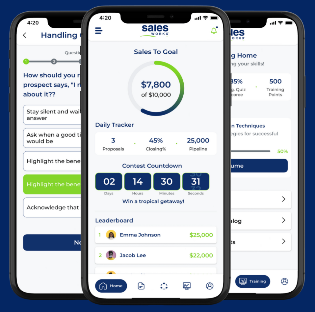 SalesWorkx mobile app interface showing sales progress to goal, daily activity tracker, contest countdown, and leaderboard on multiple smartphone screens