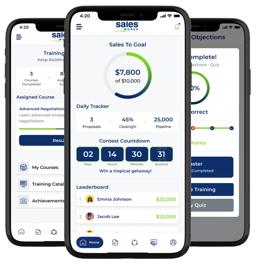 SalesWorkx sales training and performance management app on mobile, featuring goal tracking, coaching modules, contests, and team performance metrics