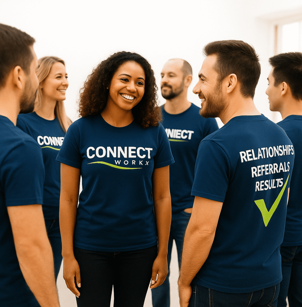 Business professionals networking while wearing ConnectWorkx branded shirts, representing teamwork, relationships, referrals, and business growth
