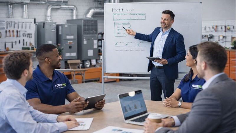 Business leader presenting profit forecast on whiteboard while team reviews performance metrics and sales data