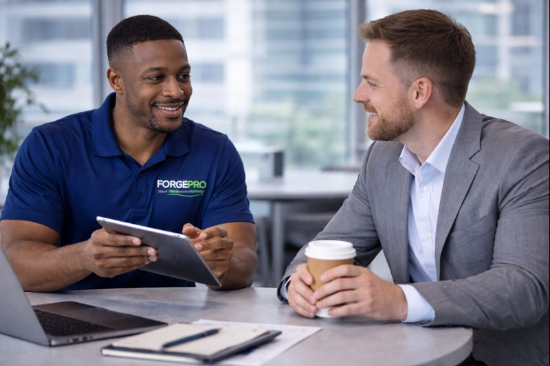Sales professional showing performance data on tablet while discussing business strategy with company owner