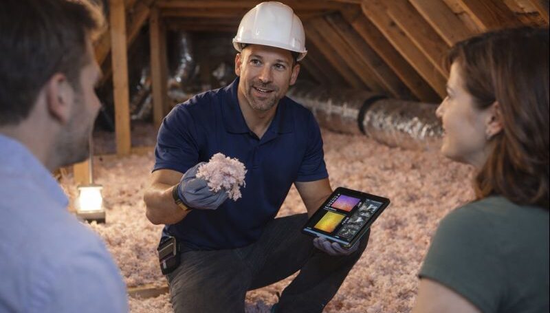 Insulation sales consultant explaining attic energy efficiency and insulation options to homeowners during inspection