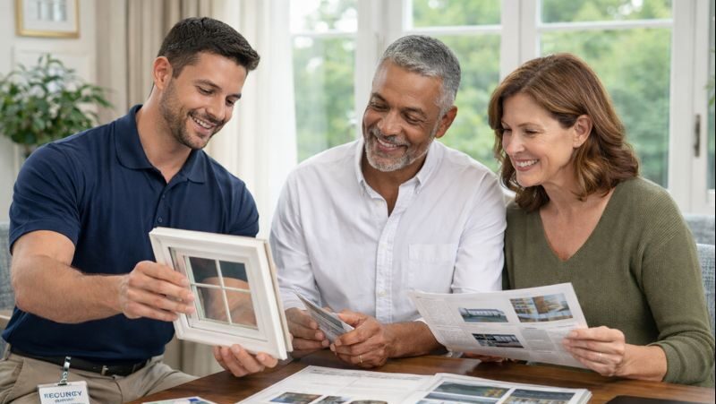 Window sales consultant explaining energy-efficient window features to homeowners while reviewing brochures in living room